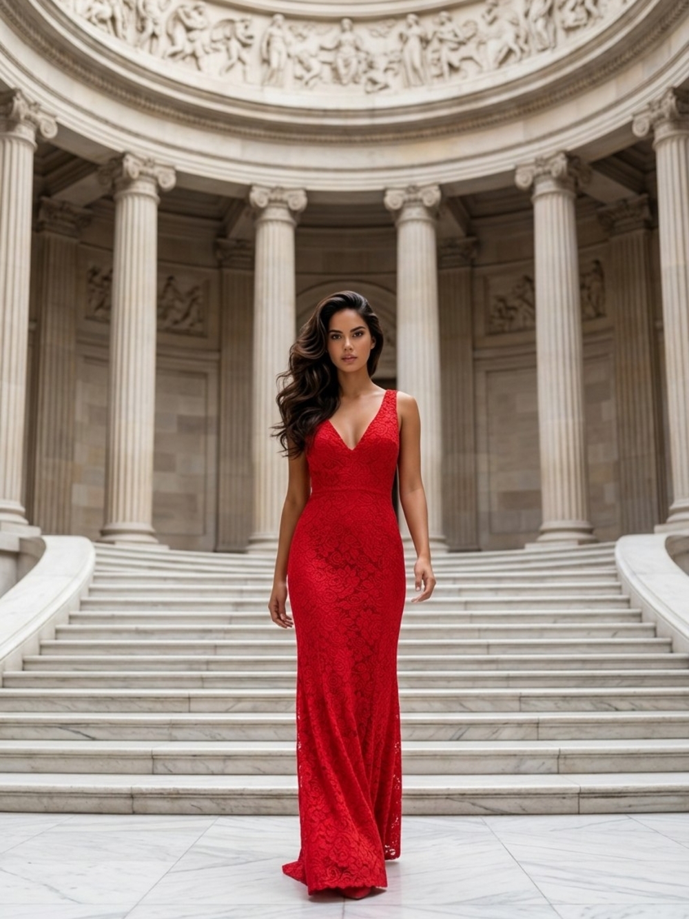 Elegant Red Lace V-Neck Evening Dress